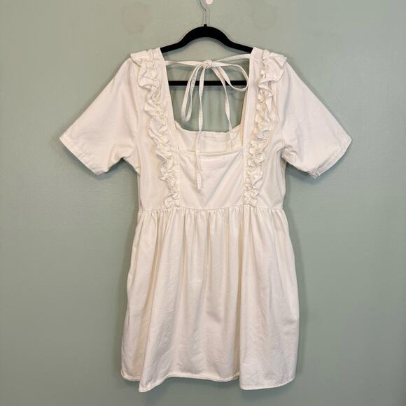 ASOS Design Denim Mini Dress Womens 14 White Square Neck Frill Smock Babydoll - Picture 3 of 13